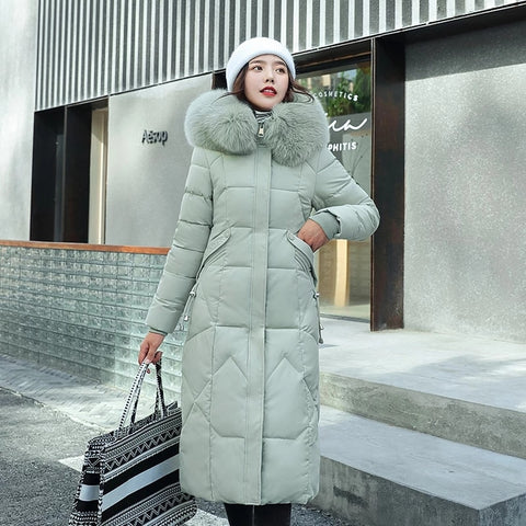 Women Winter Down Jacket Coat With Fur Collar Solid