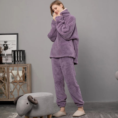New Pajama Sets Women's Solid Long Sleeve Winter Woman Fluffy Pijama Suit