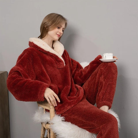 New Pajama Sets Women's Solid Long Sleeve Winter Woman Fluffy Pijama Suit