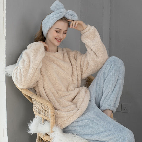 New Pajama Sets Women's Solid Long Sleeve Winter Woman Fluffy Pijama Suit