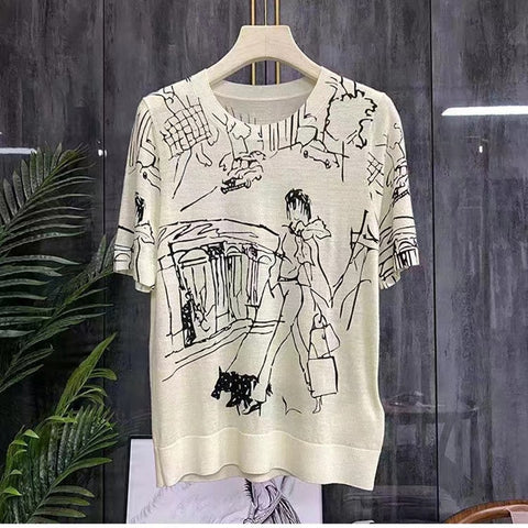 Fine Imitation Wool Knitted T-Shirt Women's Short-Sleeved