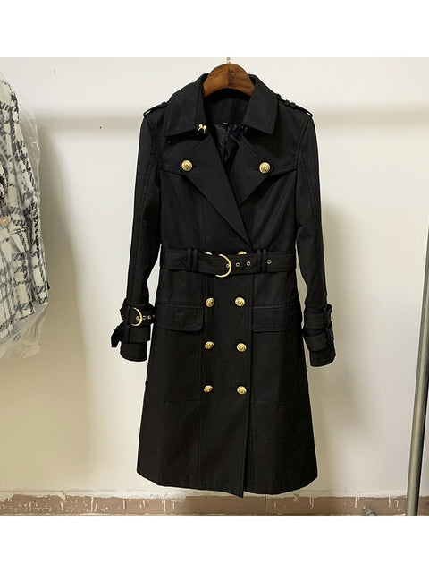 2022 Fall Winter Designer Fashion Women's Elegant Double Breasted Lion Buttons Belt Trench Coat