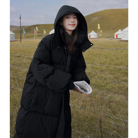 Women's Blue Winter  Down Jacket Hooded Long Cotton Clothes