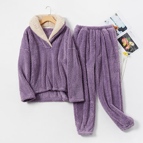New Pajama Sets Women's Solid Long Sleeve Winter Woman Fluffy Pijama Suit