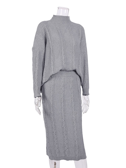 Gray Two Piece Set Turtleneck Pullovers And Long Skirt Office Ladies 2 Piece Set
