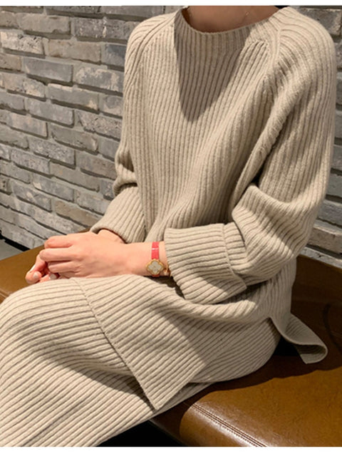 New Fashion Winter Women's Thicken Warm Knitted Pullover Sweater Two-Piece Suits