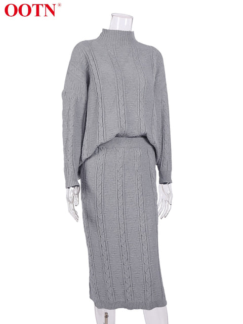 Gray Two Piece Set Turtleneck Pullovers And Long Skirt Office Ladies 2 Piece Set
