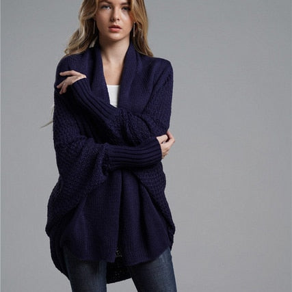 Fitshinling Oversized Sweater Cardigan Female Clothes Patchwork Batwing Sleeve Long Outerwear Women Winter Big Size Jacket Coat