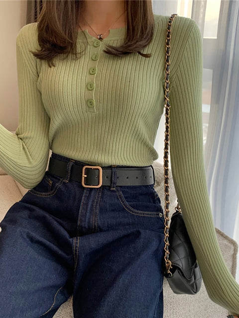 2022 Knitted Women Button Sweater Pullovers spring Autumn Basic