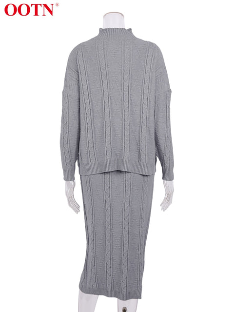 Gray Two Piece Set Turtleneck Pullovers And Long Skirt Office Ladies 2 Piece Set