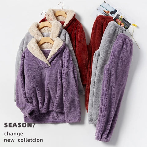 New Pajama Sets Women's Solid Long Sleeve Winter Woman Fluffy Pijama Suit