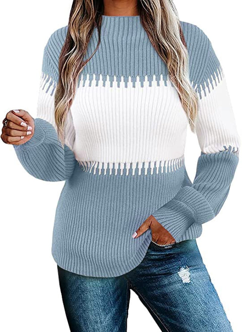 Vollonce Women's Fall Sweater Casual Long Sleeve Turtleneck Colorblock Striped