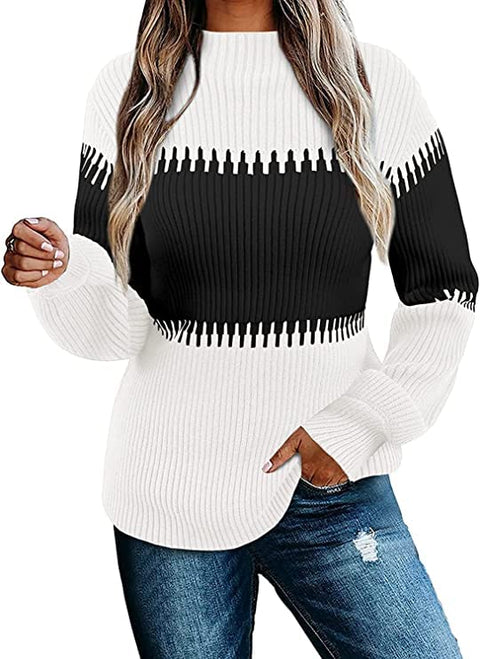 Vollonce Women's Fall Sweater Casual Long Sleeve Turtleneck Colorblock Striped