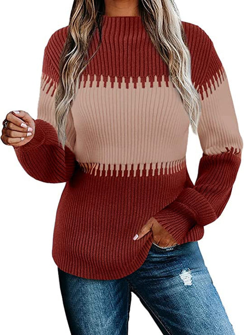 Vollonce Women's Fall Sweater Casual Long Sleeve Turtleneck Colorblock Striped