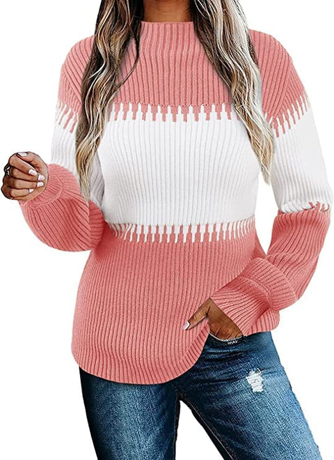 Vollonce Women's Fall Sweater Casual Long Sleeve Turtleneck Colorblock Striped
