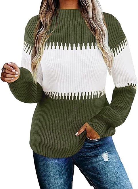 Vollonce Women's Fall Sweater Casual Long Sleeve Turtleneck Colorblock Striped