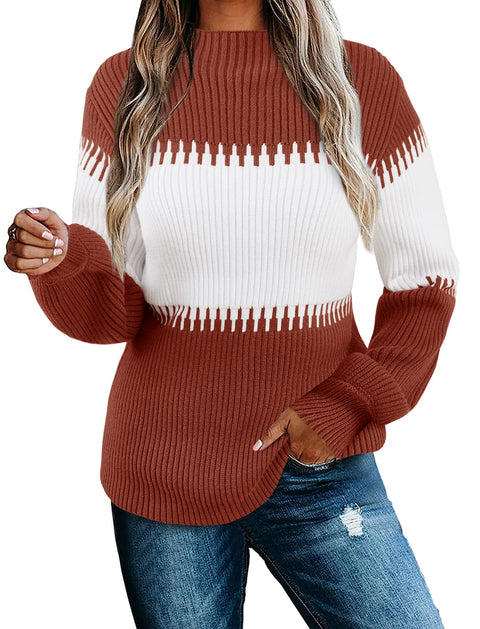 Vollonce Women's Fall Sweater Casual Long Sleeve Turtleneck Colorblock Striped