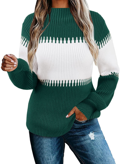 Vollonce Women's Fall Sweater Casual Long Sleeve Turtleneck Colorblock Striped