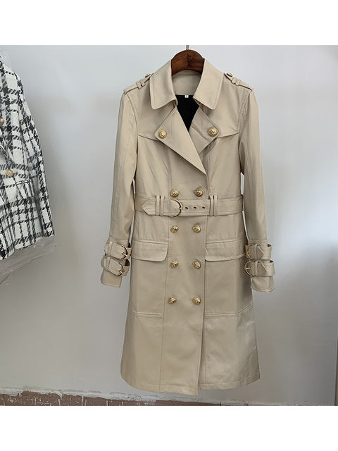 2022 Fall Winter Designer Fashion Women's Elegant Double Breasted Lion Buttons Belt Trench Coat