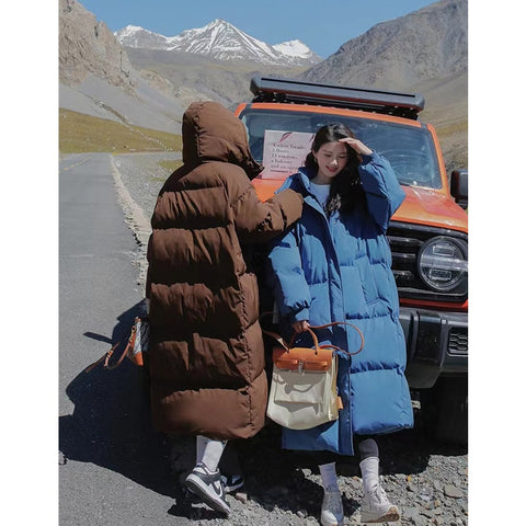 Women's Blue Winter  Down Jacket Hooded Long Cotton Clothes