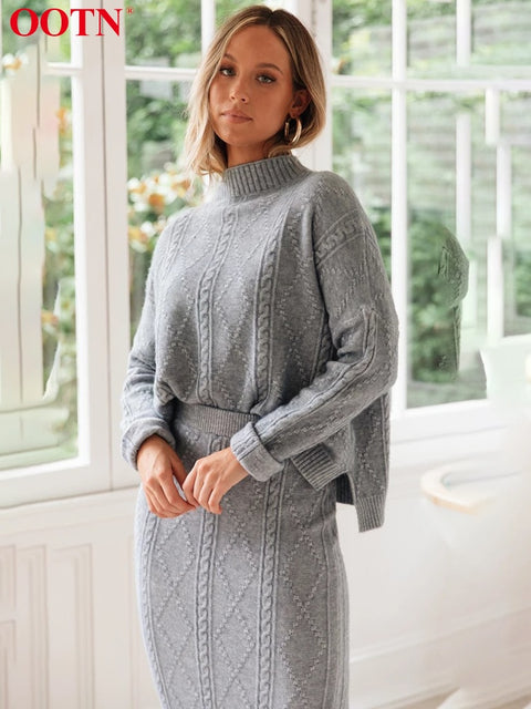 Gray Two Piece Set Turtleneck Pullovers And Long Skirt Office Ladies 2 Piece Set