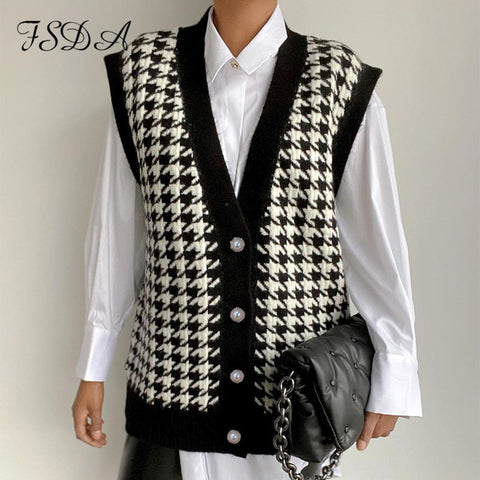 FSDA V Neck Women Button Black Houndstooth Cardigan 2022 Long Sleeve Sweater Autumn Winter Knitted Loose Oversized Jumper Casual