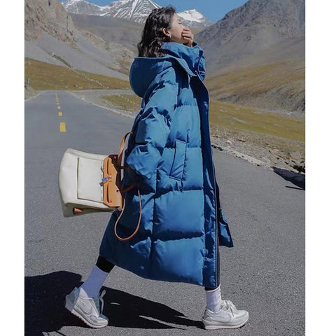 Women's Blue Winter  Down Jacket Hooded Long Cotton Clothes