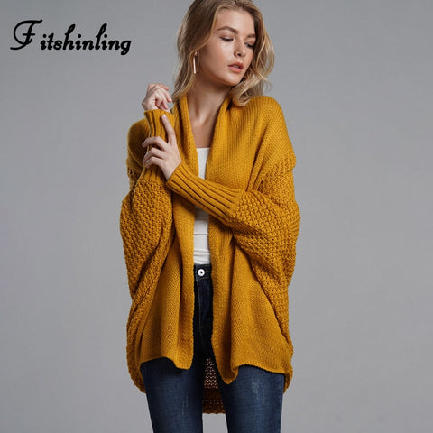 Fitshinling Oversized Sweater Cardigan Female Clothes Patchwork Batwing Sleeve Long Outerwear Women Winter Big Size Jacket Coat