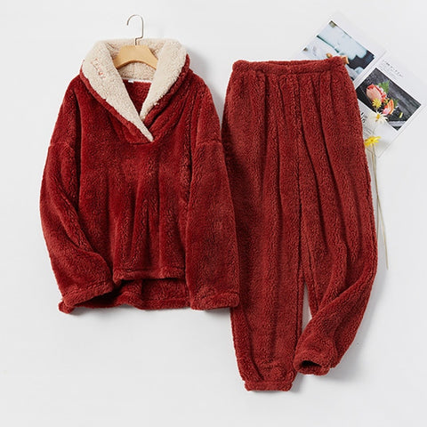 New Pajama Sets Women's Solid Long Sleeve Winter Woman Fluffy Pijama Suit