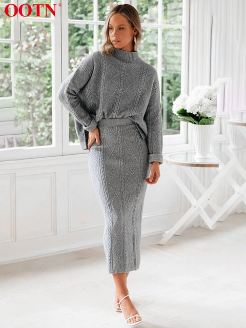 Gray Two Piece Set Turtleneck Pullovers And Long Skirt Office Ladies 2 Piece Set