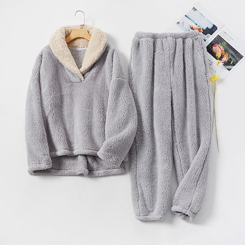 New Pajama Sets Women's Solid Long Sleeve Winter Woman Fluffy Pijama Suit