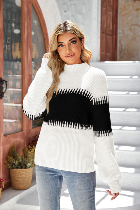 Vollonce Women's Fall Sweater Casual Long Sleeve Turtleneck Colorblock Striped