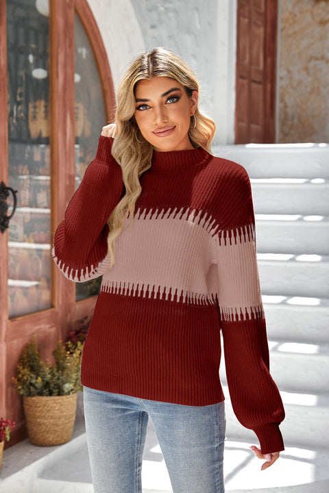 Vollonce Women's Fall Sweater Casual Long Sleeve Turtleneck Colorblock Striped