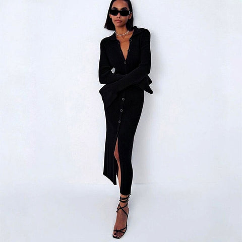 Women Y2K Knit Long Sleeve Sweater Maxi Korean Dress