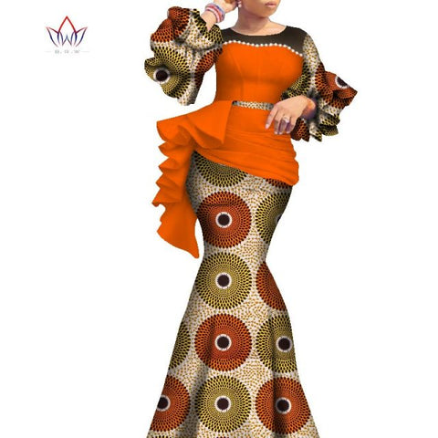 2021 Long African Dresses For Women Dashiki Nigeria Traditional Wedding outfit Bazin Riche Wax pearl gown Lantern Sleeve WY7769