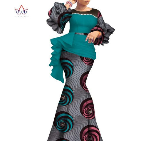 2021 Long African Dresses For Women Dashiki Nigeria Traditional Wedding outfit Bazin Riche Wax pearl gown Lantern Sleeve WY7769