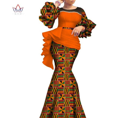 2021 Long African Dresses For Women Dashiki Nigeria Traditional Wedding outfit Bazin Riche Wax pearl gown Lantern Sleeve WY7769
