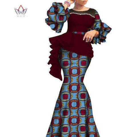 2021 Long African Dresses For Women Dashiki Nigeria Traditional Wedding outfit Bazin Riche Wax pearl gown Lantern Sleeve WY7769