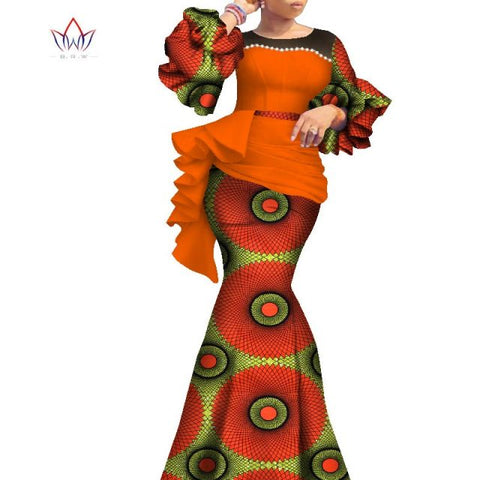 2021 Long African Dresses For Women Dashiki Nigeria Traditional Wedding outfit Bazin Riche Wax pearl gown Lantern Sleeve WY7769