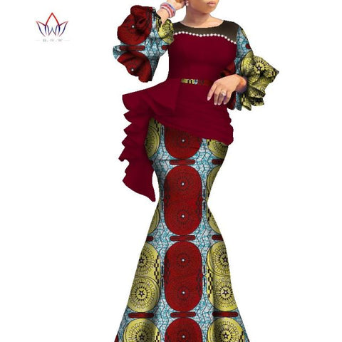 2021 Long African Dresses For Women Dashiki Nigeria Traditional Wedding outfit Bazin Riche Wax pearl gown Lantern Sleeve WY7769