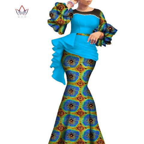 2021 Long African Dresses For Women Dashiki Nigeria Traditional Wedding outfit Bazin Riche Wax pearl gown Lantern Sleeve WY7769