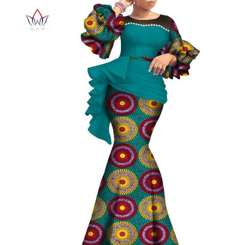 2021 Long African Dresses For Women Dashiki Nigeria Traditional Wedding outfit Bazin Riche Wax pearl gown Lantern Sleeve WY7769