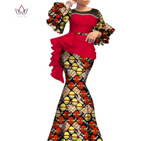 2021 Long African Dresses For Women Dashiki Nigeria Traditional Wedding outfit Bazin Riche Wax pearl gown Lantern Sleeve WY7769