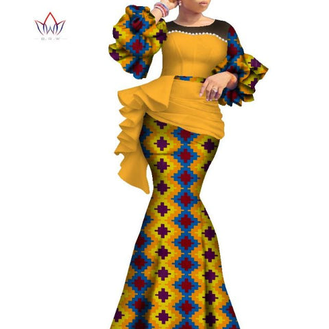 2021 Long African Dresses For Women Dashiki Nigeria Traditional Wedding outfit Bazin Riche Wax pearl gown Lantern Sleeve WY7769