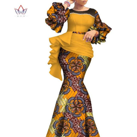 2021 Long African Dresses For Women Dashiki Nigeria Traditional Wedding outfit Bazin Riche Wax pearl gown Lantern Sleeve WY7769