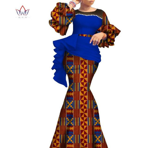 2021 Long African Dresses For Women Dashiki Nigeria Traditional Wedding outfit Bazin Riche Wax pearl gown Lantern Sleeve WY7769