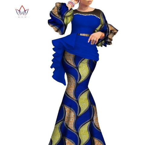 2021 Long African Dresses For Women Dashiki Nigeria Traditional Wedding outfit Bazin Riche Wax pearl gown Lantern Sleeve WY7769