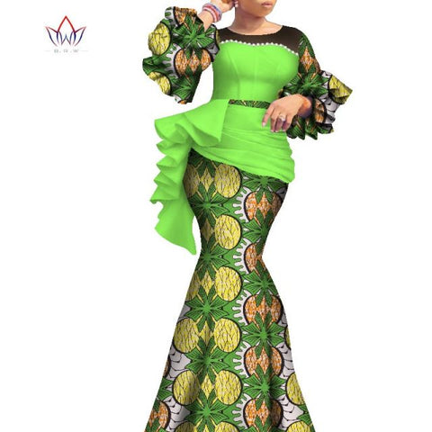 2021 Long African Dresses For Women Dashiki Nigeria Traditional Wedding outfit Bazin Riche Wax pearl gown Lantern Sleeve WY7769