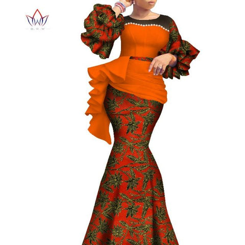 2021 Long African Dresses For Women Dashiki Nigeria Traditional Wedding outfit Bazin Riche Wax pearl gown Lantern Sleeve WY7769