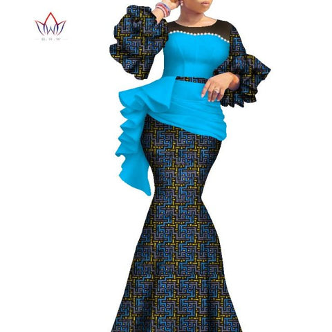 2021 Long African Dresses For Women Dashiki Nigeria Traditional Wedding outfit Bazin Riche Wax pearl gown Lantern Sleeve WY7769